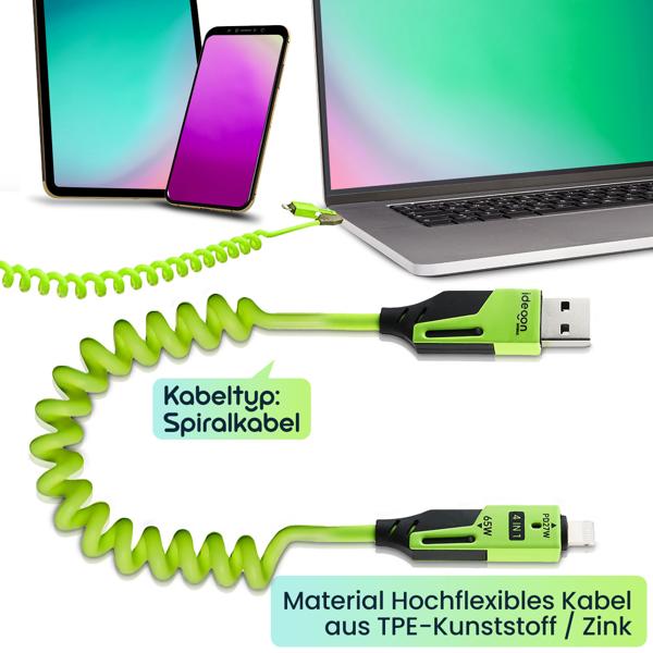 2er-Set 4in1 Spiralladekabel 65W, USB-C auf USB-C mit Adaptern für USB-A & Lightning - Multi Ladekabel für alle Smartphones und Laptops
