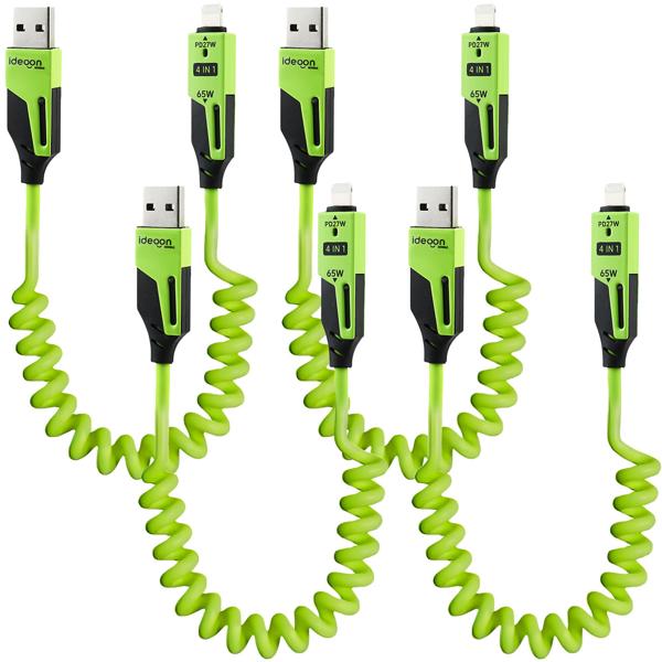 4 câbles spirales 4 en 1, 65 W, USB-C vers USB-C avec adaptateurs USB-A et Lightning – câbles de chargement multi-connecteurs pour smartphones et ordinateurs portables