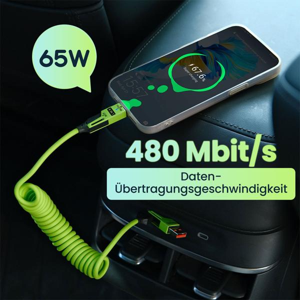 4er-Set 4in1 Spiralladekabel 65W, USB-C auf USB-C mit Adaptern für USB-A & Lightning - Multi Ladekabel für alle Smartphones und Laptops