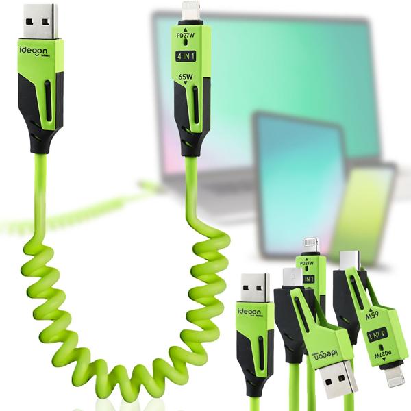 4 câbles spirales 4 en 1, 65 W, USB-C vers USB-C avec adaptateurs USB-A et Lightning – câbles de chargement multi-connecteurs pour smartphones et ordinateurs portables