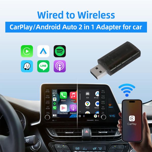 Dongle USB Voiture Sans Fil - CarPlay & Android Auto - Connexion Stable Bluetooth 4.2 - Wi-Fi 2.4/5GHz - Port Type-C - Solution 2-en-1