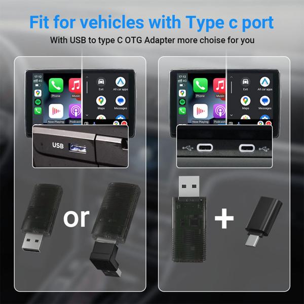 Dongle USB Voiture Sans Fil - CarPlay & Android Auto - Connexion Stable Bluetooth 4.2 - Wi-Fi 2.4/5GHz - Port Type-C - Solution 2-en-1