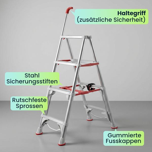 Robuste 4-stufige Teleskop-Doppeltrittleiter: Eine stabile Stehleiter klappbar für Profis & Heimwerker, Haushaltsleiter bis 4 Stufen