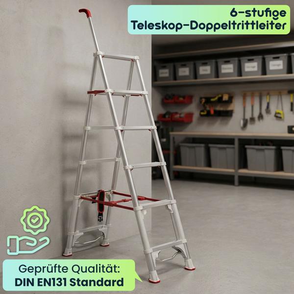 Robuste 6-stufige Teleskop-Doppeltrittleiter: Eine stabile Stehleiter klappbar für Profis & Heimwerker, Haushaltsleiter bis 6 Stufen