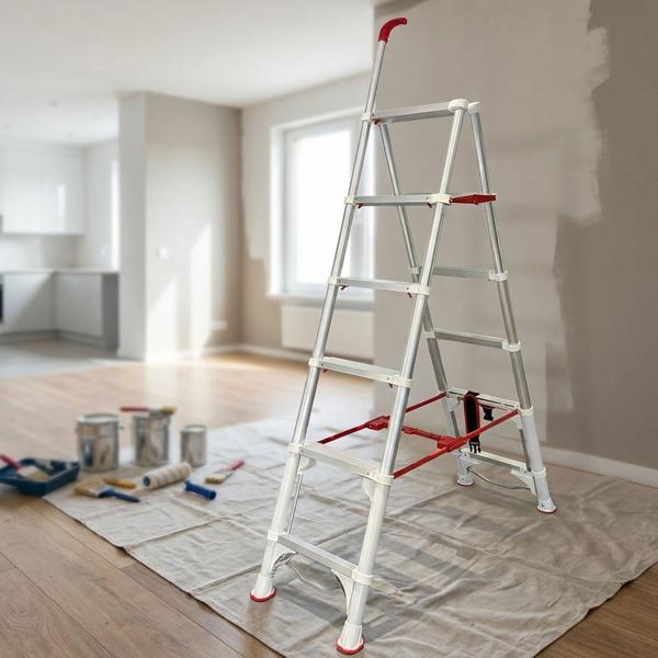Robust 6-step telescopic double step ladder: a stable folding stepladder for professionals & DIYers, household ladder with up to 6 steps