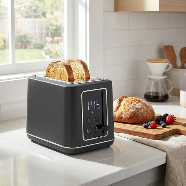 Modern LED toaster (matt anthracite) with 7 precise toasting levels: Perfectly browned toast as desired, defrost function, reheat function & stop button