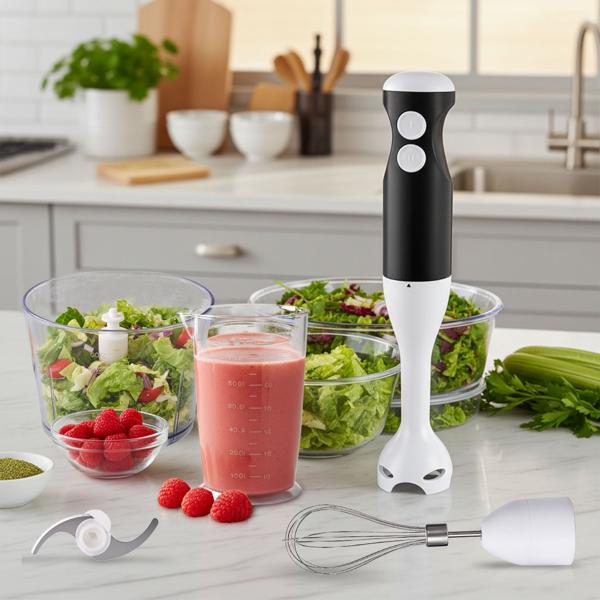 Power Stabmixer-Set 400W mit Zerkleinerer & Schneebesen – 4-in-1 Pürierstab-Set für Suppen & Smoothies, inkl. Messbecher