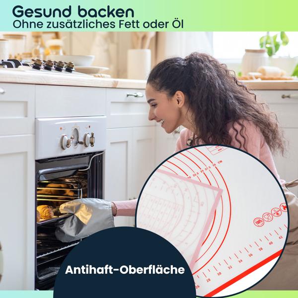 2er-Set Silikon-Backmatte mit Messangaben & Schablonen, antihaftbeschichtet 60 x 40 cm – Vielseitige Teigmatte & Backunterlage für Backprofis