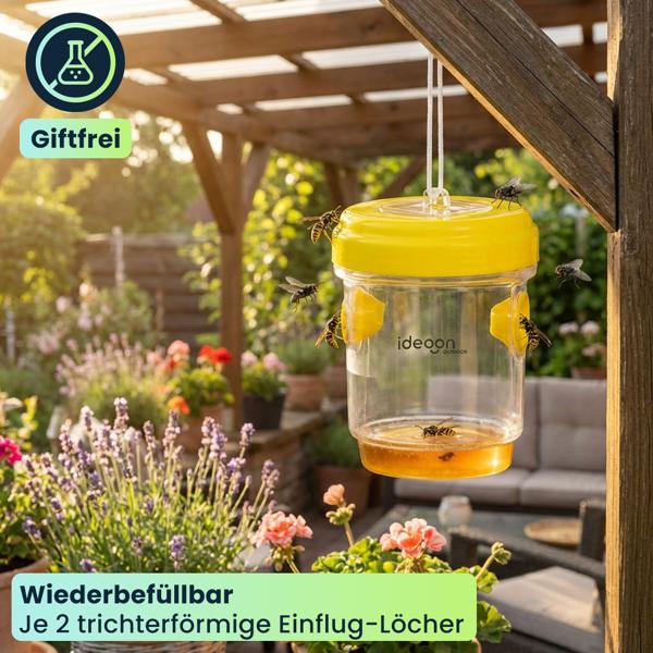 Wespenfalle & Fliegenfalle 2er-Set zum Aufhängen oder Hinstellen, Giftfreie Insektenfalle Gelb, Wiederbefüllbar & Effektiv für Garten und Balkon