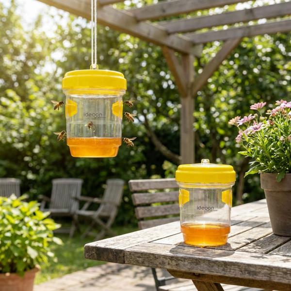 Piège à guêpes et mouches lot de 2 à suspendre ou à poser, piège à insectes jaune sans poison, rechargeable et efficace pour le jardin et le balcon