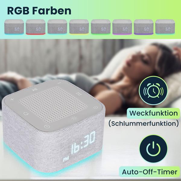White Noise Wecker mit 32 Geräuschen – Bluetooth Lautsprecher & App-Steuerung, RGB Nachtlicht dimmbar, perfekter Schlaf/Entspannung