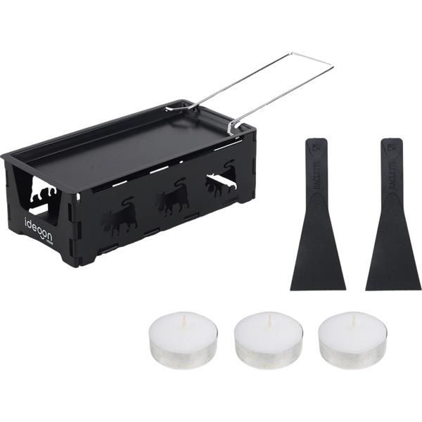 Faltbares Raclette-Teelicht für 1 -2 Personen, Raclette Set ohne Strom inkl. Teelichtern und Schaber, Metall mit originell ausgestanzten Kühen, antihaftbeschichtet
