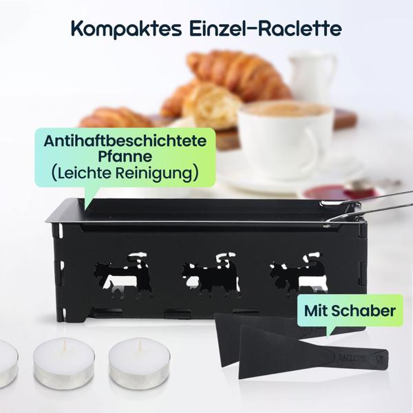 Faltbares Raclette-Teelicht für 1 -2 Personen, Raclette Set ohne Strom inkl. Teelichtern und Schaber, Metall mit originell ausgestanzten Kühen, antihaftbeschichtet