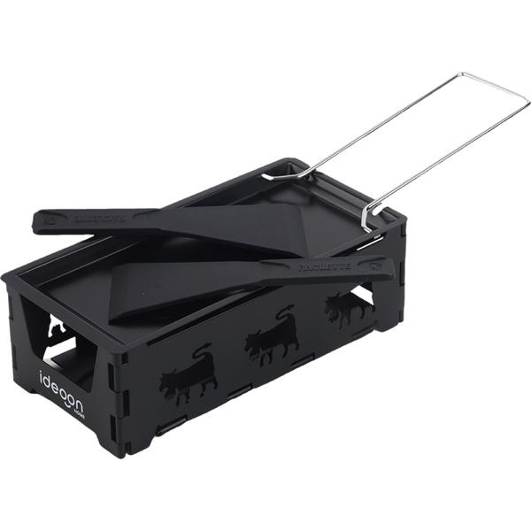 Faltbares Raclette-Teelicht für 1 -2 Personen, Raclette Set ohne Strom inkl. Teelichtern und Schaber, Metall mit originell ausgestanzten Kühen, antihaftbeschichtet