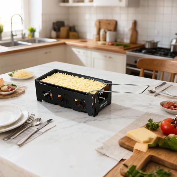 Faltbares Raclette-Teelicht für 1 -2 Personen, Raclette Set ohne Strom inkl. Teelichtern und Schaber, Metall mit originell ausgestanzten Kühen, antihaftbeschichtet
