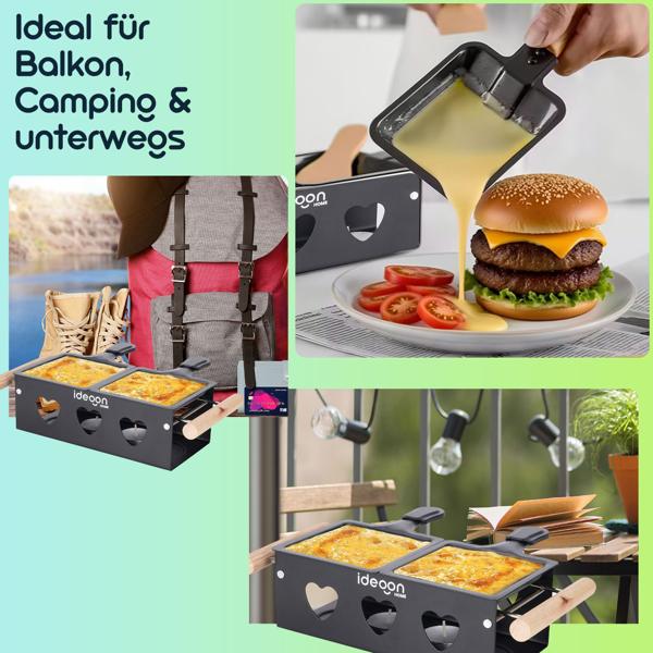 Raclette-Teelicht für 2 Personen, Raclette Set ohne Strom inkl. Teelichtern und Schaber, Metall, ideal für Balkon, Camping & unterwegs