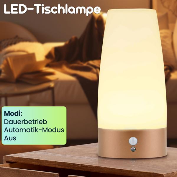 Elegante LED-Tischlampe mit Bewegungsmelder – Kabellose Flurleuchte mit warmweissem Licht – Ideal als Nachtlicht im Schlafzimmer