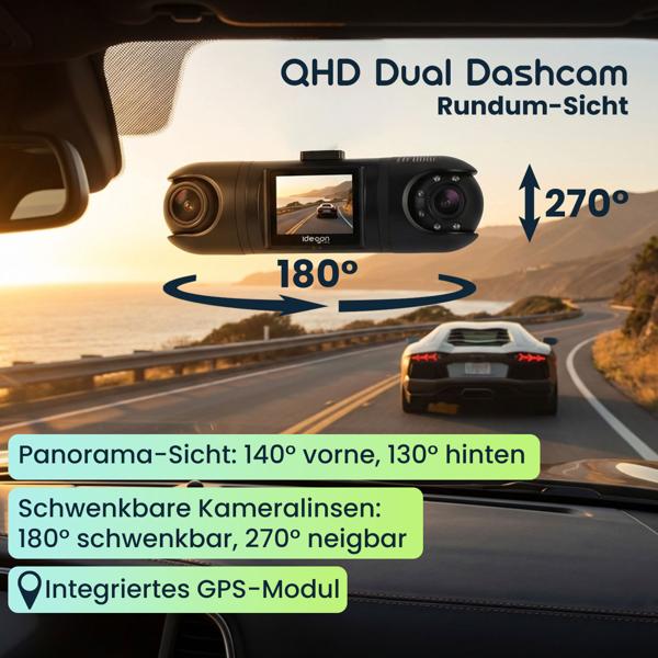 QHD Dual Dashcam – Premium Auto Kamera mit GPS & G-Sensor, IR-Nachtsicht, 2K Video-Qualität, zuverlässige 24h Ultra-Weitwinkel Überwachung