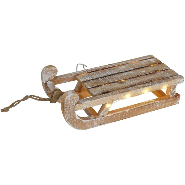 Decorative rustic illuminated sled made of wood with 25 warm white LEDs and timer function. For festive decor, Christmas & cozy winter evenings