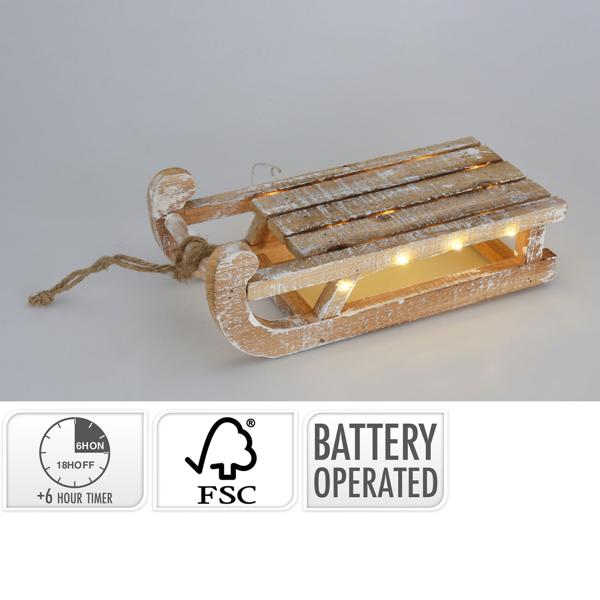 Decorative rustic illuminated sled made of wood with 25 warm white LEDs and timer function. For festive decor, Christmas & cozy winter evenings
