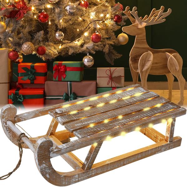 Dekorativer Rustikaler Leuchtschlitten aus Holz mit 50 warmweissen LEDs und Timer-Funktion. Für festliche Deko, Weihnachten & gemütliche Winterabende