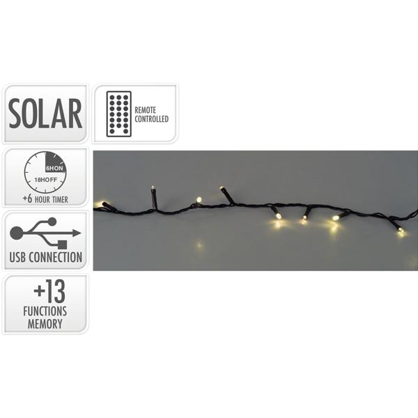 Bright solar fairy lights with 480 warm white LEDs, 21 m & 40 hours light duration, USB charging, 13 functions, incl. remote control - for indoor & outdoor use