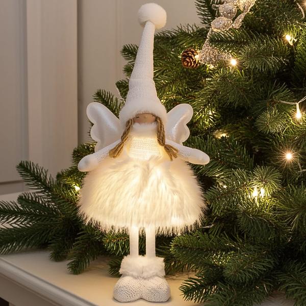 Figurine d‘Ange Debout LED Lumière - Décoration Élégante Noël Cadeau Affectueux - Ambiance Chaleureuse Paix - 22x16x50cm Blanc