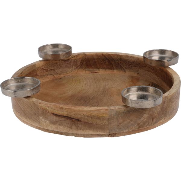 Exquisites Kerzenhalter-Tablett aus Mangoholz. Kerzenhalter-Ring für 4 Teelichter - Perfekt für Stilvolle Tischdeko, Adventskranz oder gemütliche Abende
