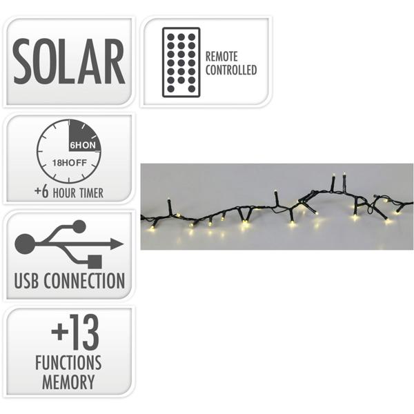 Helle Solar Lichterkette 560 warmweisse flexible LEDs & 40 Stunden Leuchtdauer, USB-Aufladung, 13 Funktionen, inkl. Fernbedienung - für Innen & Aussen