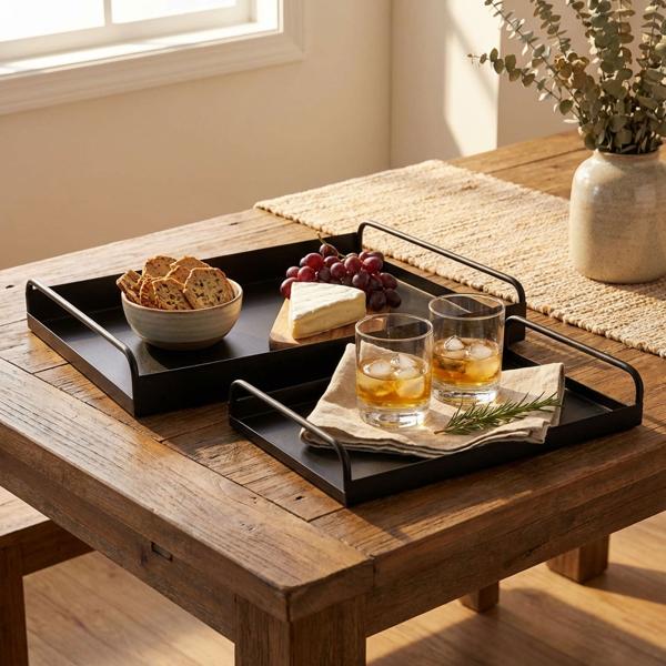 Serviertablett 2er-Set aus Metall - Modernes Design für Deko, Bar & Küche - Zeitlos Schwarz, robust & pflegeleicht - Grössen: 37.5x28x5.6cm & 30x20x4.8cm