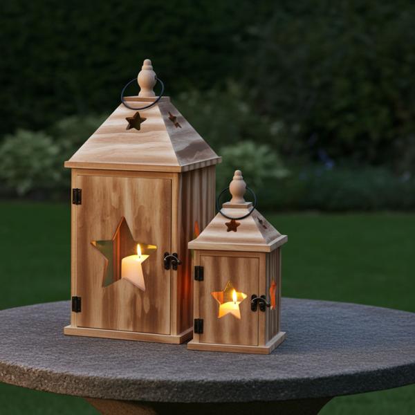 2er-Set Rustikale Laternen mit Stern - 2 Grössen, Deko-Kerzenlaternen für Haus und Garten, Weihnachten, Landhaus Stil - Natur Finish