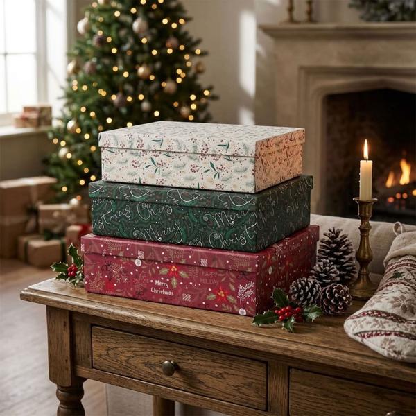 Boîtes Cadeaux de Noël - Ensemble 3 Pièces Rectangulaires Élégantes - Tailles Variées, Motifs Classiques, FSC 100% - Rangement Polyvalent