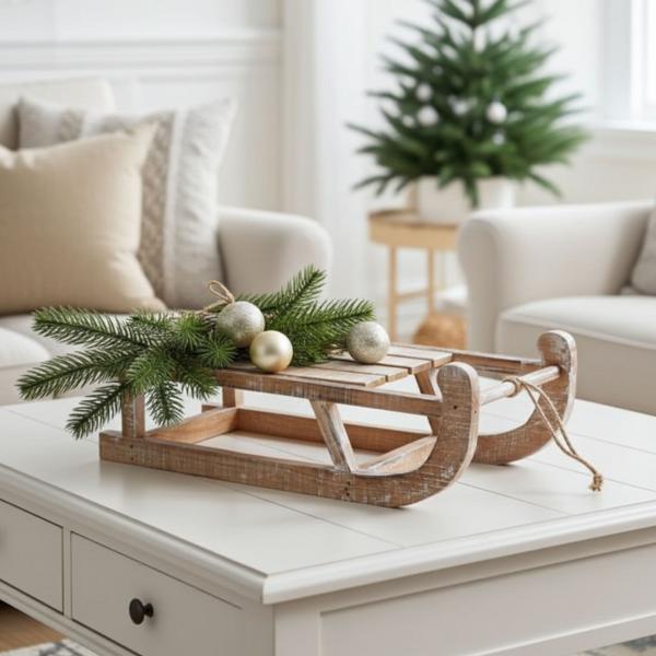 Traîneau décoratif en bois de sapin - Décoration de Noël pour table et fenêtres - Moderne, rustique, 50x24x14cm, léger
