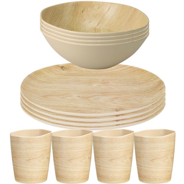 12-piece dish set in wood-look design – Perfect for camping, picnics and at home – break-resistant, robust and lightweight