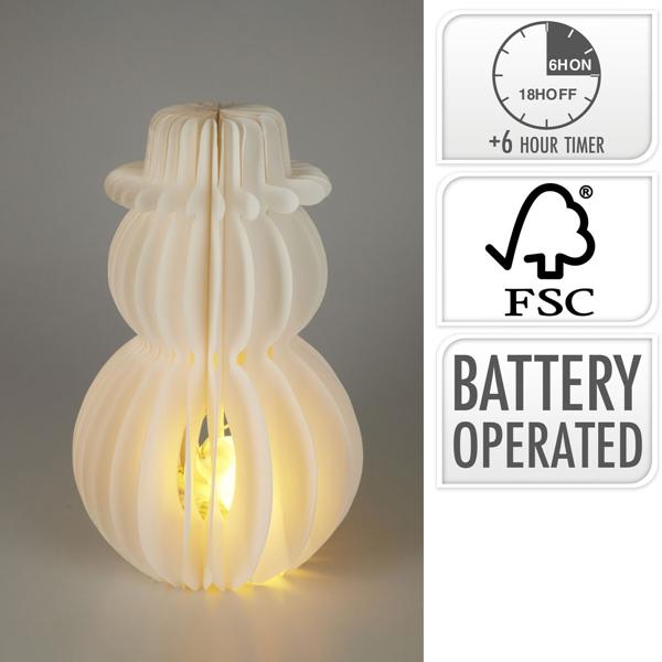 Décoration LED Bonhomme de Neige Papier Alvéolé - Lumière Blanc Chaud Romantique Veilleuse Ambiance - Minuterie 6h-39cm - Sans Fil Piles