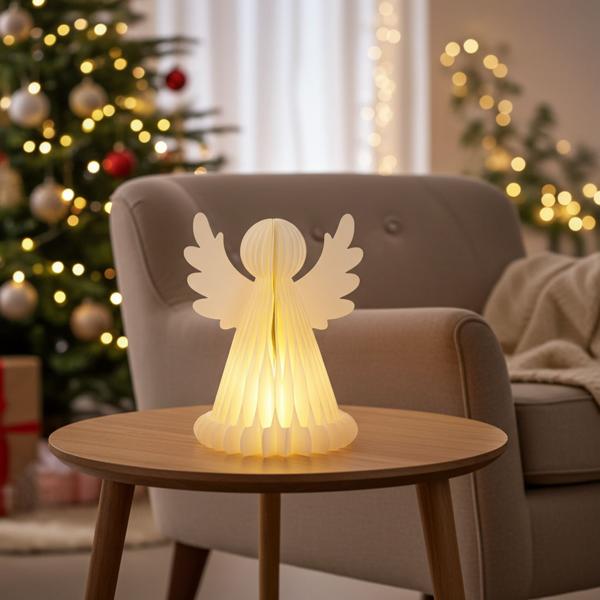 Incantevole angelo LED in carta a nido d‘ape con timer 6 h, 38 cm – Luce notturna per camera da letto o soggiorno. Perfetto per Natale