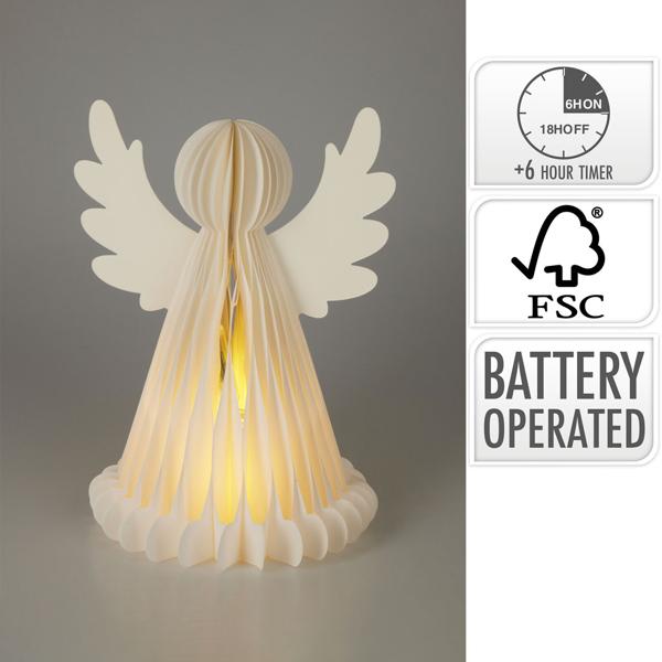 Ange LED enchanteur en papier nid d‘abeille - Veilleuse à lumière blanc chaud - Minuteur 6h, 50 cm - Sans fil, piles AA