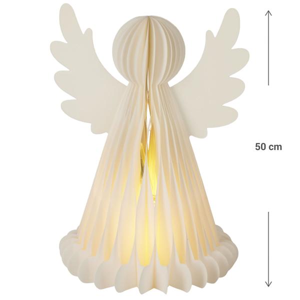 Ange LED enchanteur en papier nid d‘abeille - Veilleuse à lumière blanc chaud - Minuteur 6h, 50 cm - Sans fil, piles AA