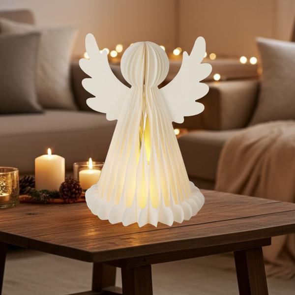 Ange LED enchanteur en papier nid d‘abeille - Veilleuse à lumière blanc chaud - Minuteur 6h, 50 cm - Sans fil, piles AA