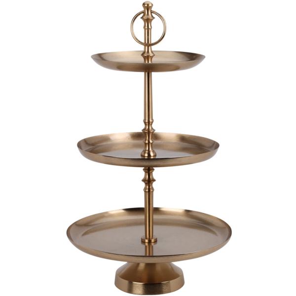 High-quality 3-tier etagere in brass-gold, versatile for use as a kitchen stand, fruit bowl & home decor