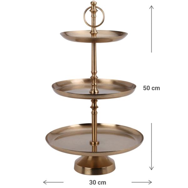 High-quality 3-tier etagere in brass-gold, versatile for use as a kitchen stand, fruit bowl & home decor