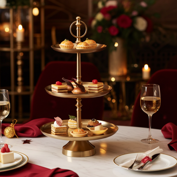 High-quality 3-tier etagere in brass-gold, versatile for use as a kitchen stand, fruit bowl & home decor