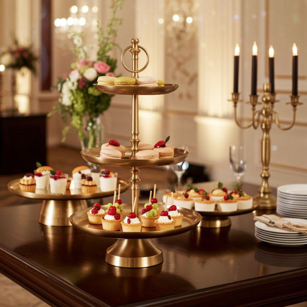 High-quality 3-tier etagere in brass-gold, versatile for use as a kitchen stand, fruit bowl & home decor