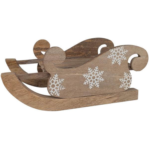 Elegante slitta decorativa in legno di mango, splendido intaglio bianco. Perfetta per decorazioni invernali e natalizie