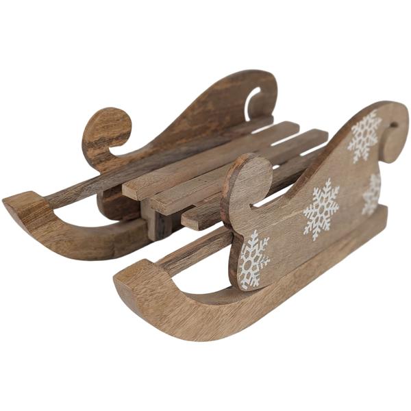 Elegante slitta decorativa in legno di mango, splendido intaglio bianco. Perfetta per decorazioni invernali e natalizie