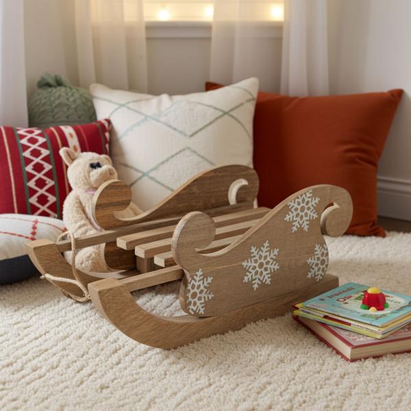 Elegante slitta decorativa in legno di mango, splendido intaglio bianco. Perfetta per decorazioni invernali e natalizie