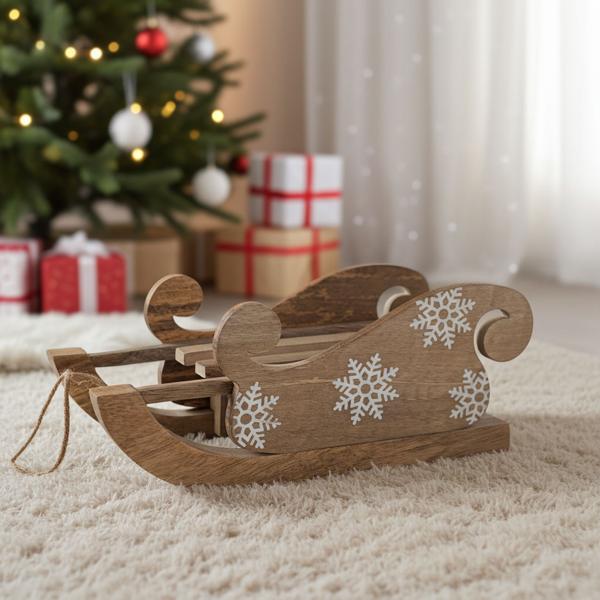 Elegante slitta decorativa in legno di mango, splendido intaglio bianco. Perfetta per decorazioni invernali e natalizie