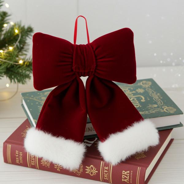 Festliche Hänge-Schleife 14 cm, Rot-Weiss - Edle Weihnachts-Deko aus Polyester für Türen, Wände, Geschenke, Party & u.v.m. 