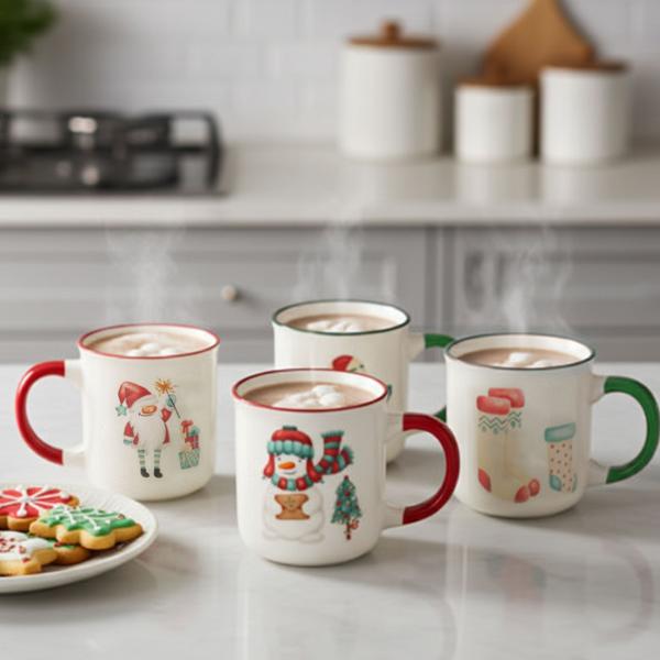 Wunderbares 4er Tassen Set, 200ml, Porzellan, festliches Weihnachts-Design - Hochwertig, robust, ideal als Geschenk & Deko