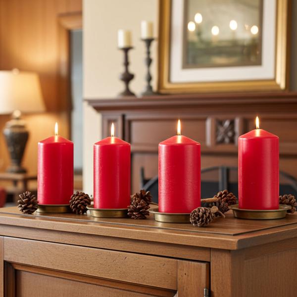 Lot de 4 Bougies Cylindriques Rouges - Longue Durée de Combustion 65h - Décoration Ambiance Mariage Noël Maison - Ø 7x15cm